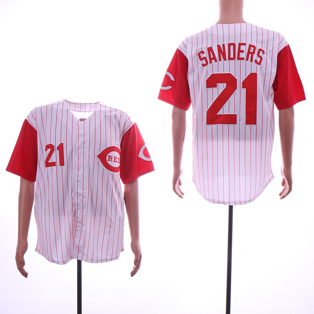 Men MLB Cincinnati Reds #21 Sanders white red strips jerseys